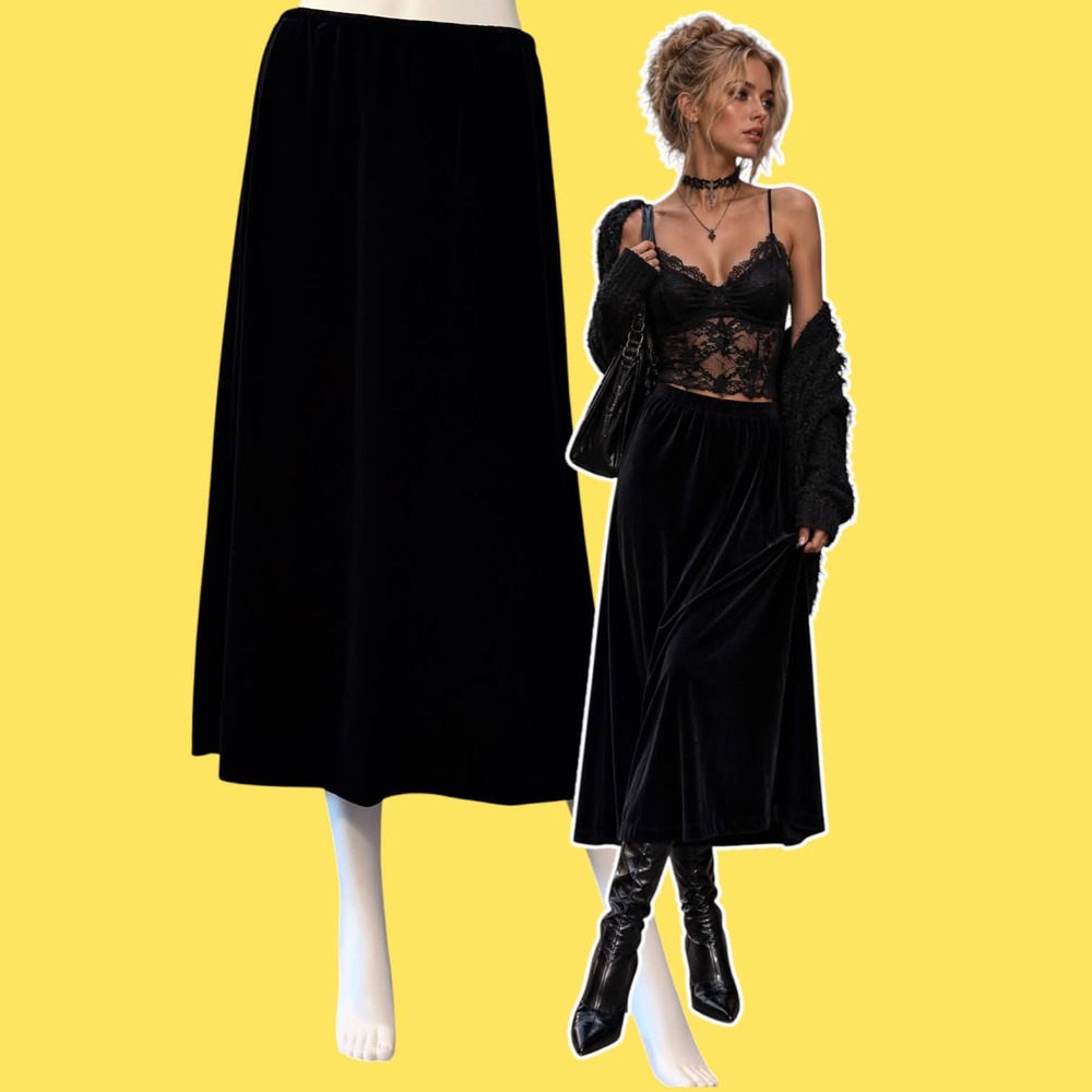 Vtg 90s Black Velvet A-Line Midi Skirt Size 10P Amanda Smith Petites Whimsigoth